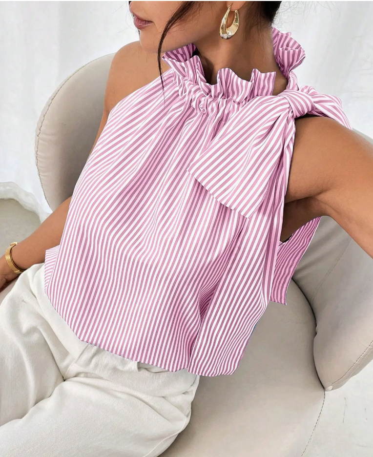 Striped High Collar Tied Sleeveless Top