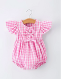 Plaid Baby Girls Romper Bow Flutter Sleeve