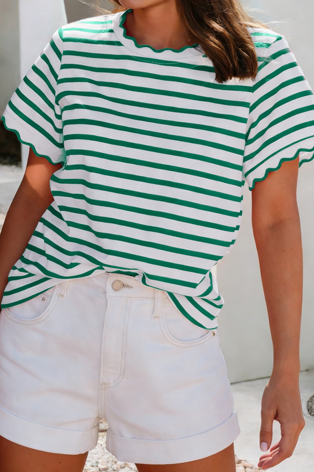 Green Stripe Scalloped Trim Round Neck T Shirt