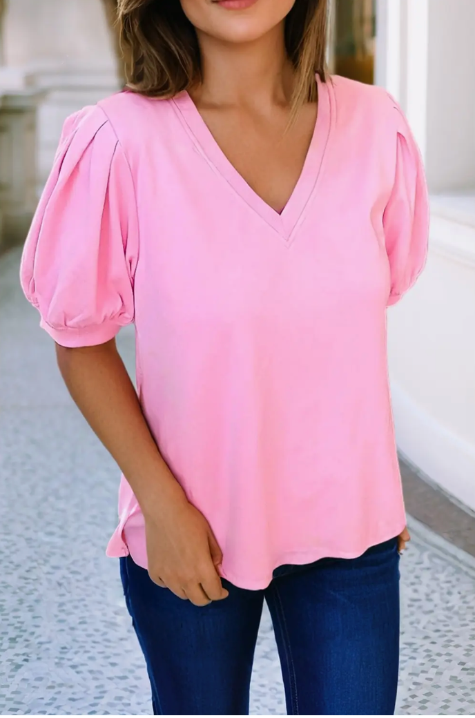 Pink V Neck Puff Sleeve T Shirt