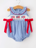 Girls 4th of July Plaid Romper Bow Smocked Embroidery