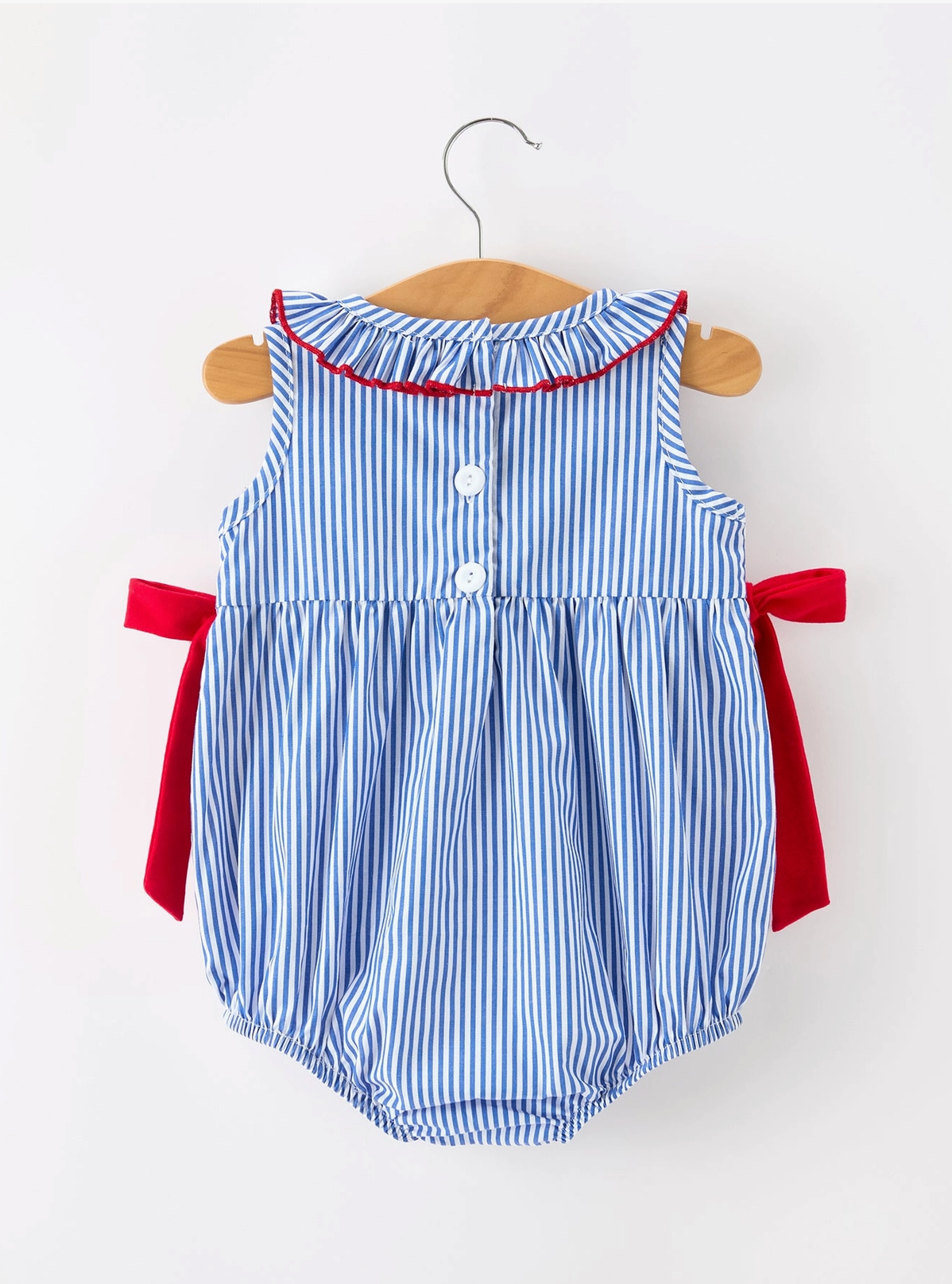 Girls 4th of July Plaid Romper Bow Smocked Embroidery