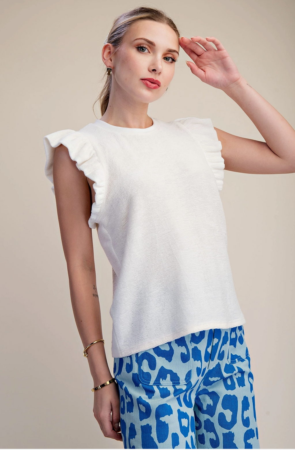 White Ruffle Knit Top in Soft Brush Fabric