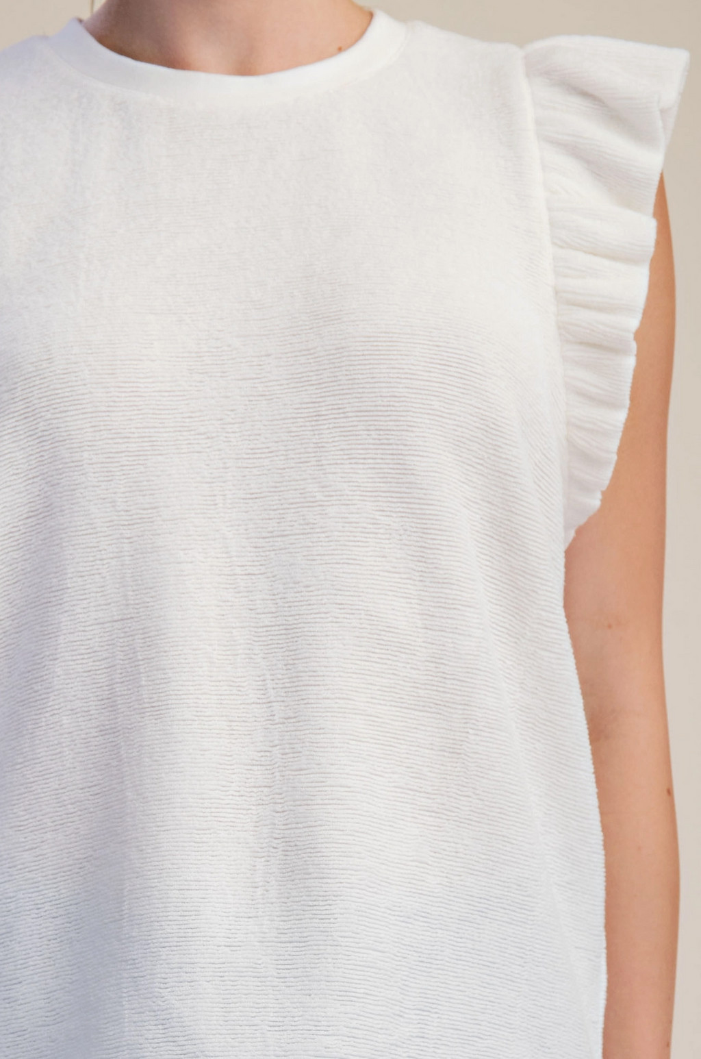 White Ruffle Knit Top in Soft Brush Fabric