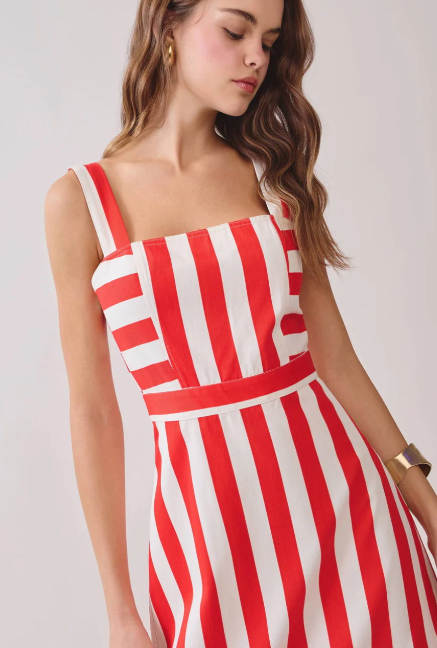 Square Neck Wide Straps Striped Midi Dress | Red