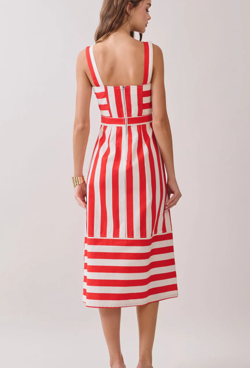 Square Neck Wide Straps Striped Midi Dress | Red