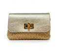 Italian Leather Bamboo Clasp & Raffia Crossbody/Clutch - Gold