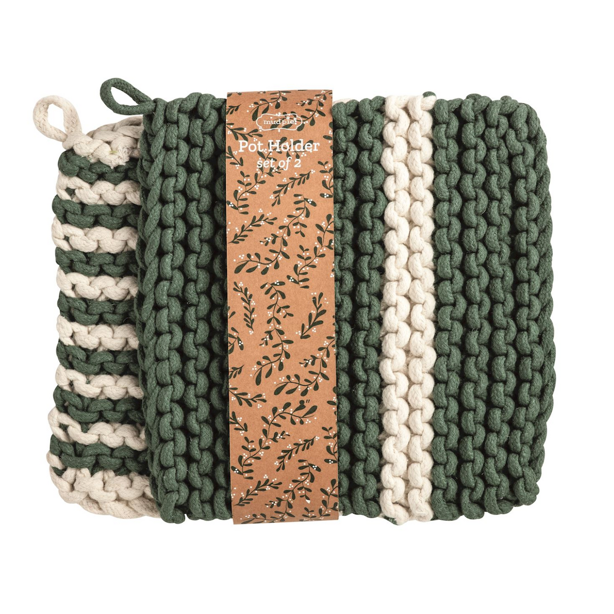 Double White  & Green Stripe Pot Holder Set
