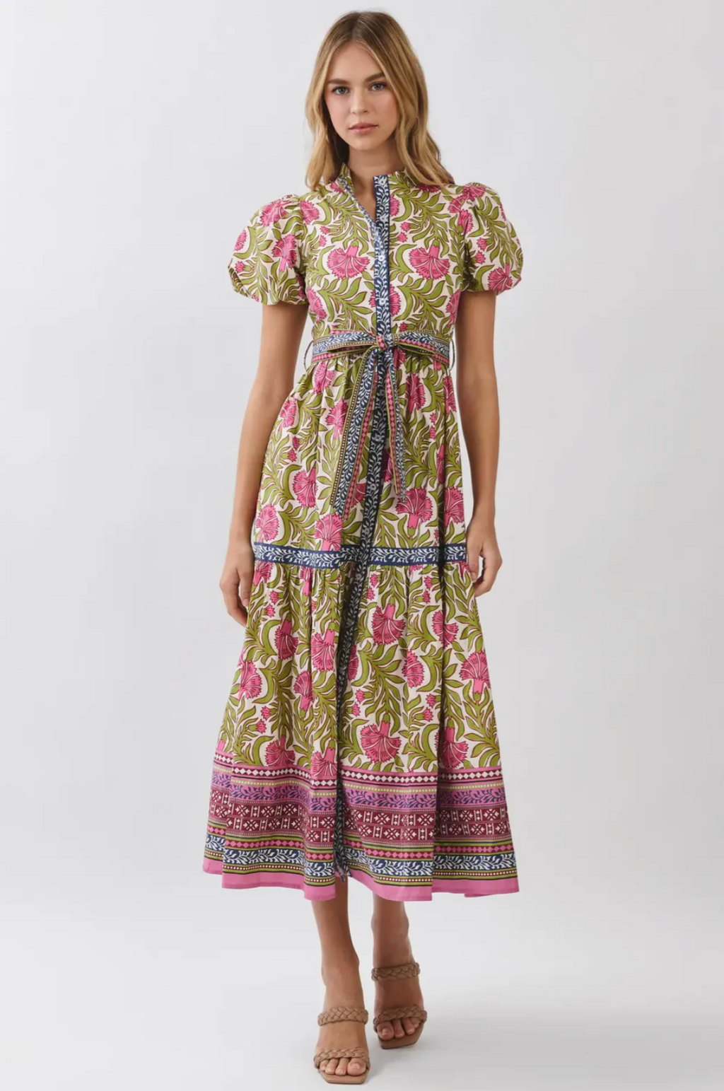 FLORAL BORDER PRINT TIE WAIST MAXI DRESS - GREEN