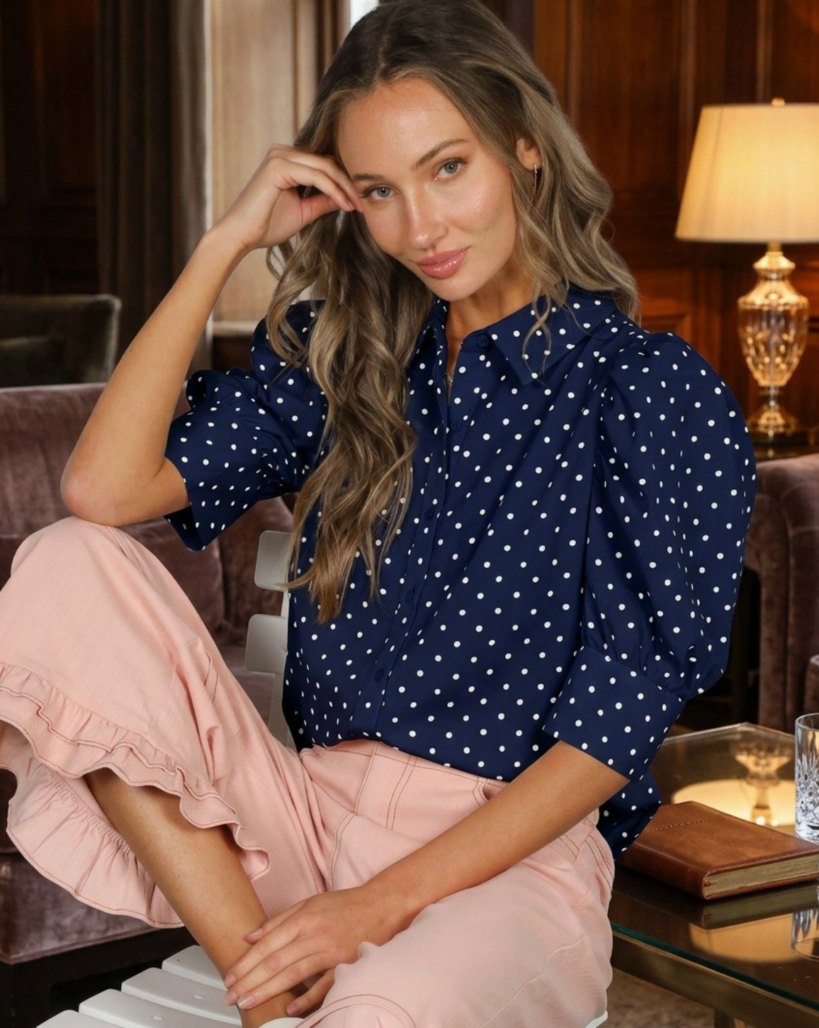 Collared Neck Short Puff Sleeve Swiss Dot Blouse