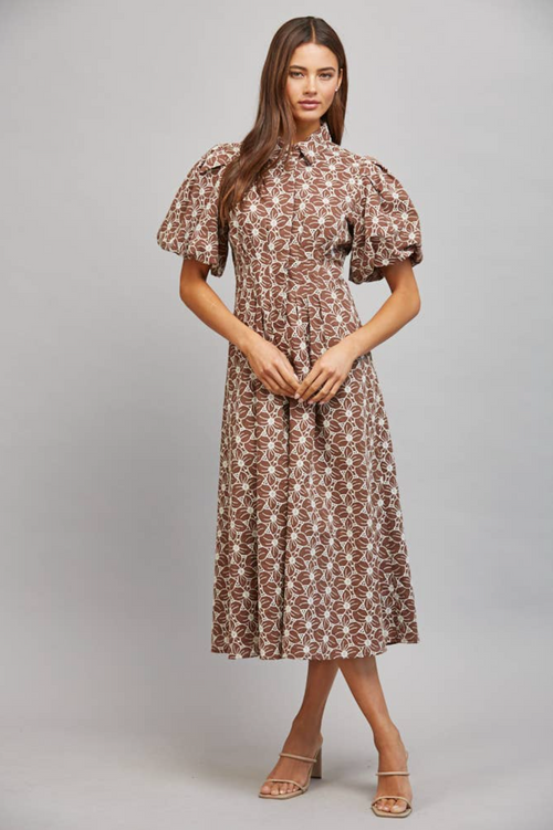 Autumn Blooms Floral Eyelet Midi Dress