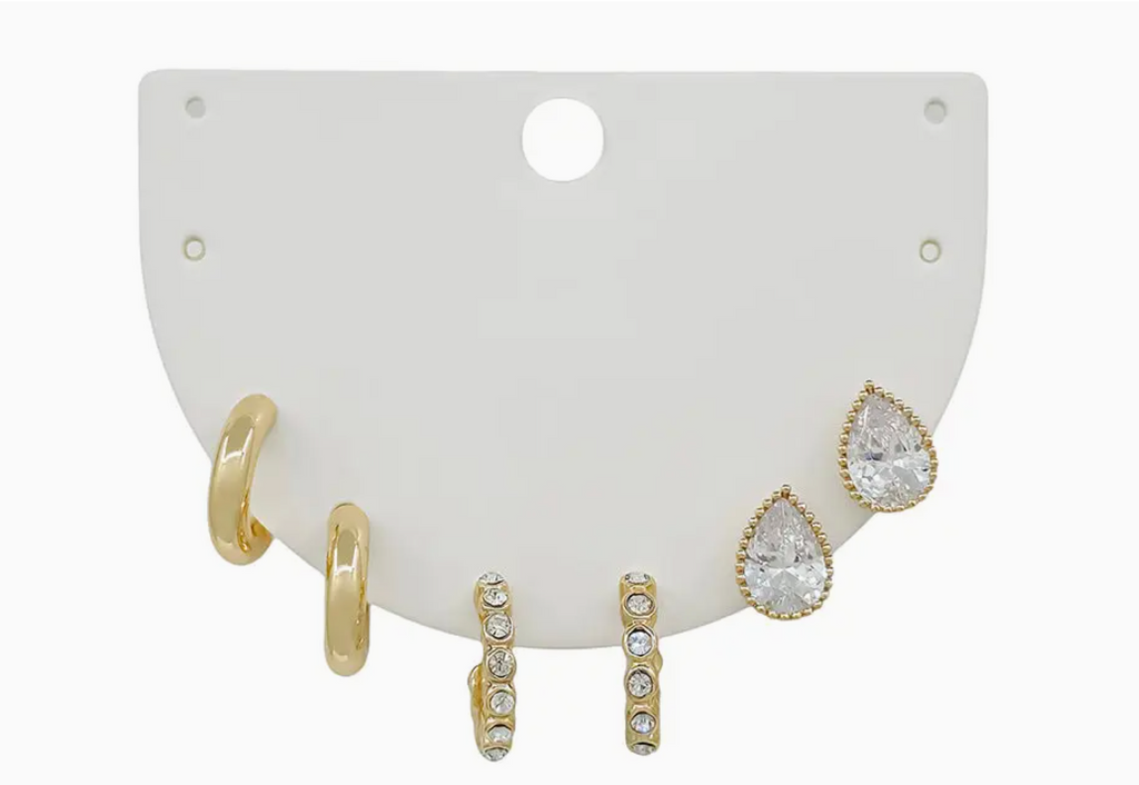 Set of 3 Pave Hoop Teardrop Stone Earrings