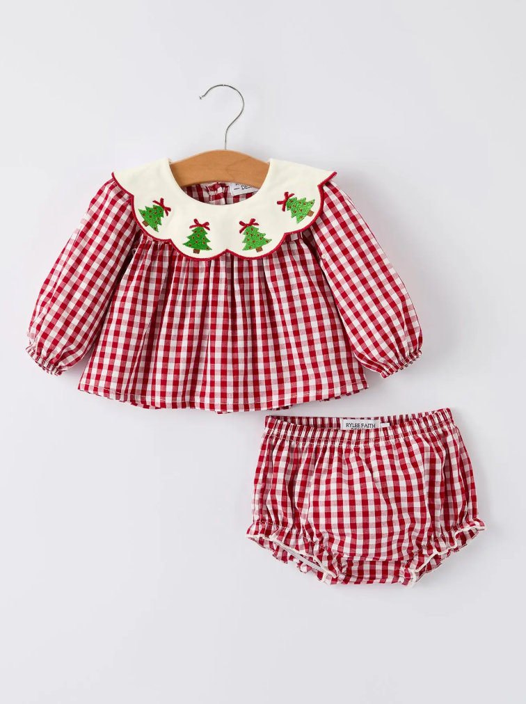 Christmas Tree Red Gingham Bloomers Set