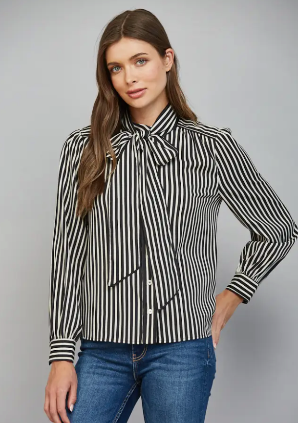 Striped Tie Neck Bow Blouse