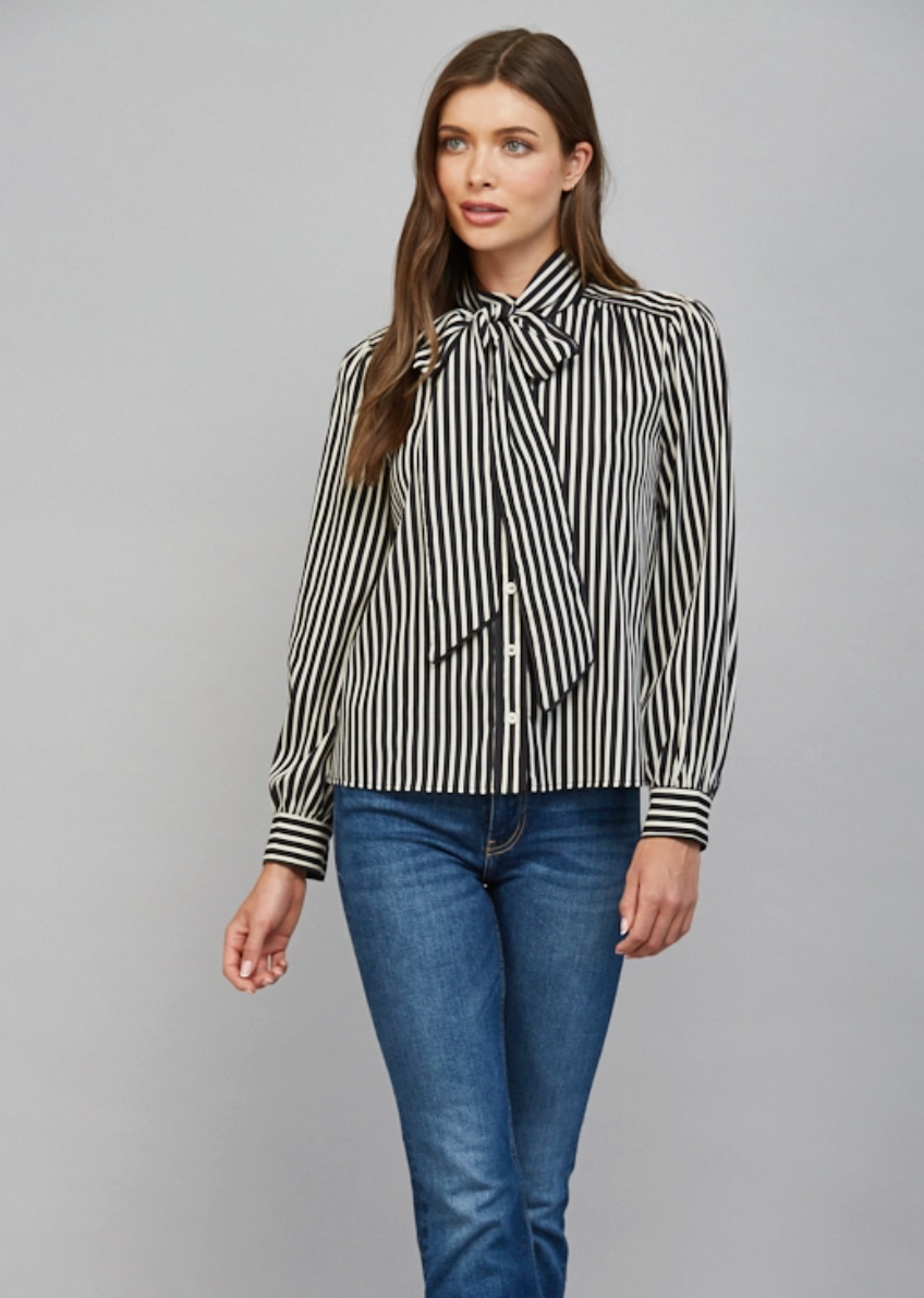Striped Tie Neck Bow Blouse