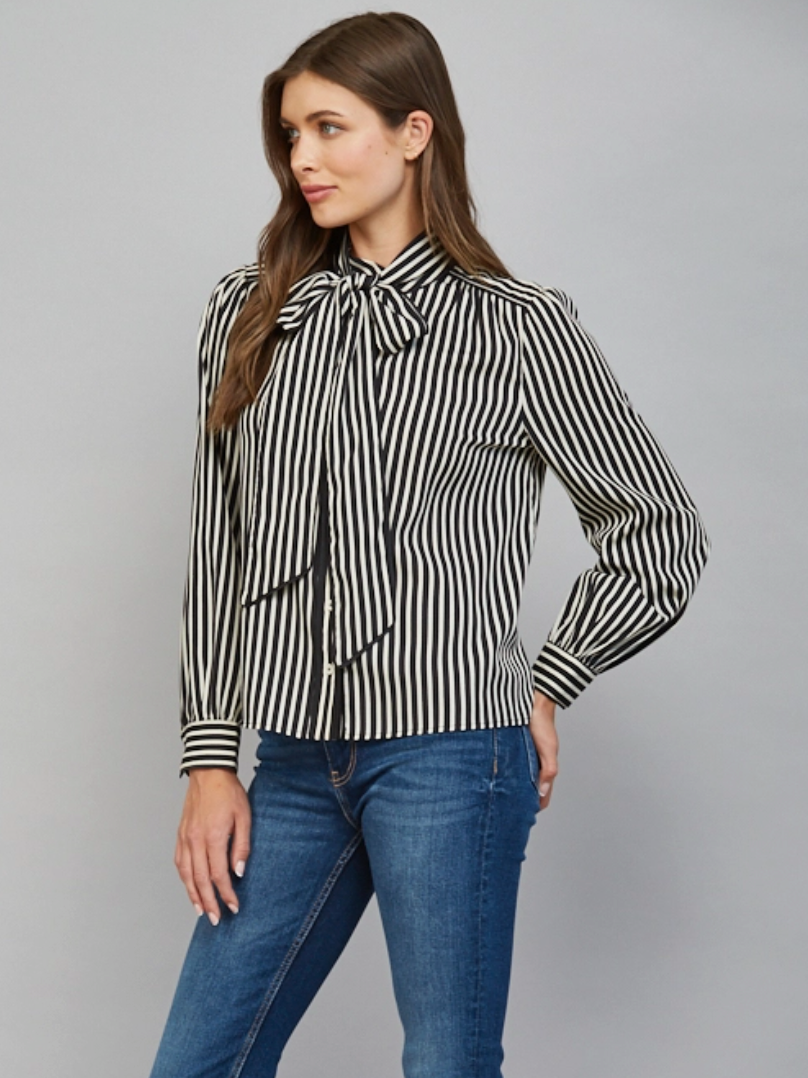 Striped Tie Neck Bow Blouse