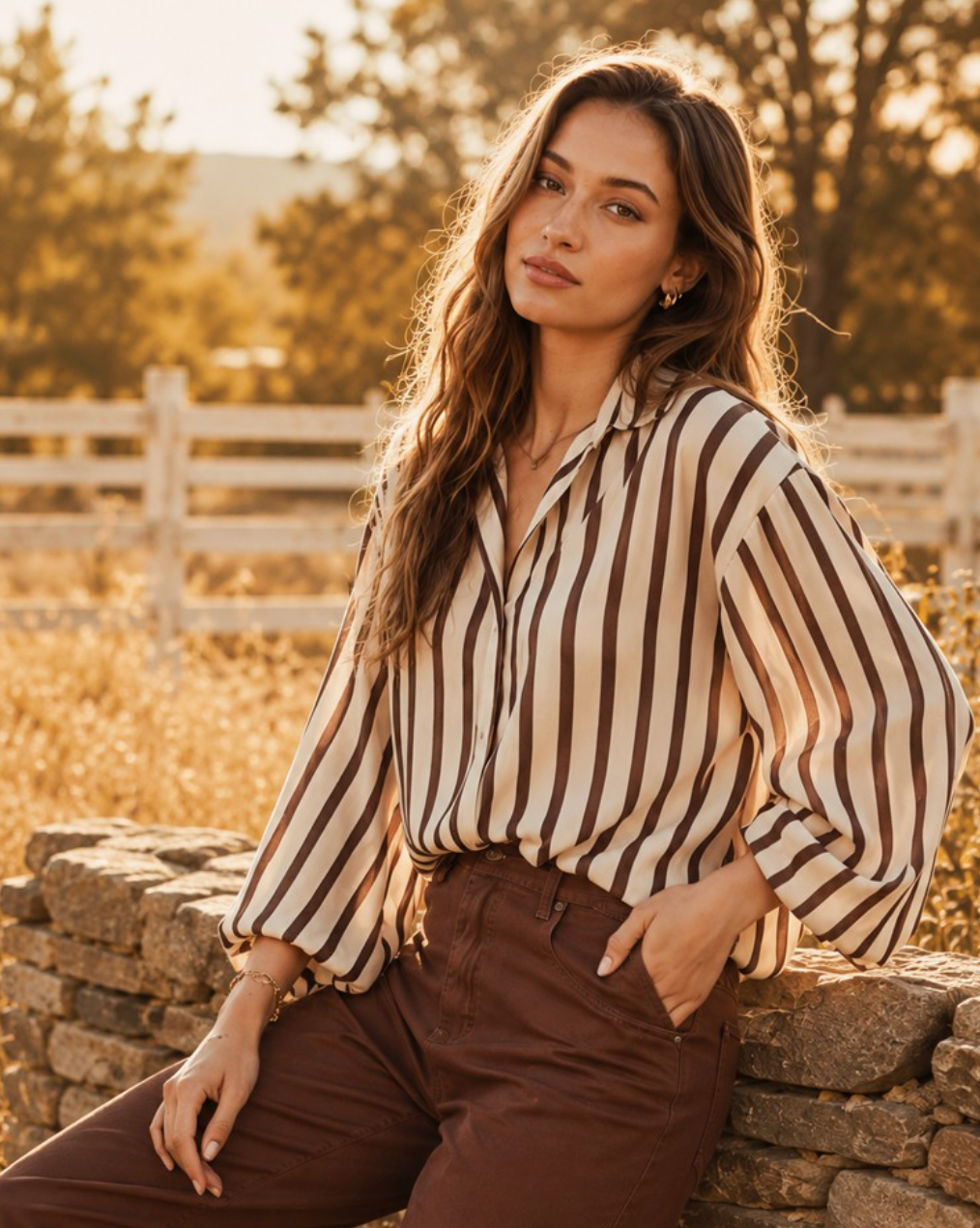 Bubble Sleeve Classic Striped Blouse Top