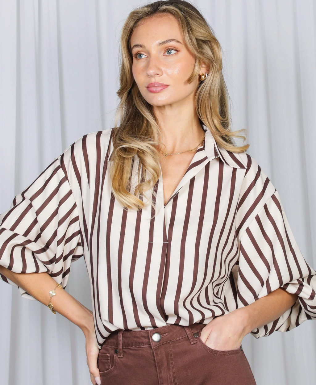 Bubble Sleeve Classic Striped Blouse Top