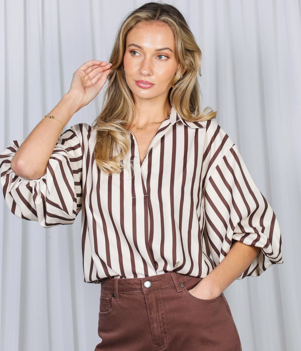 Bubble Sleeve Classic Striped Blouse Top