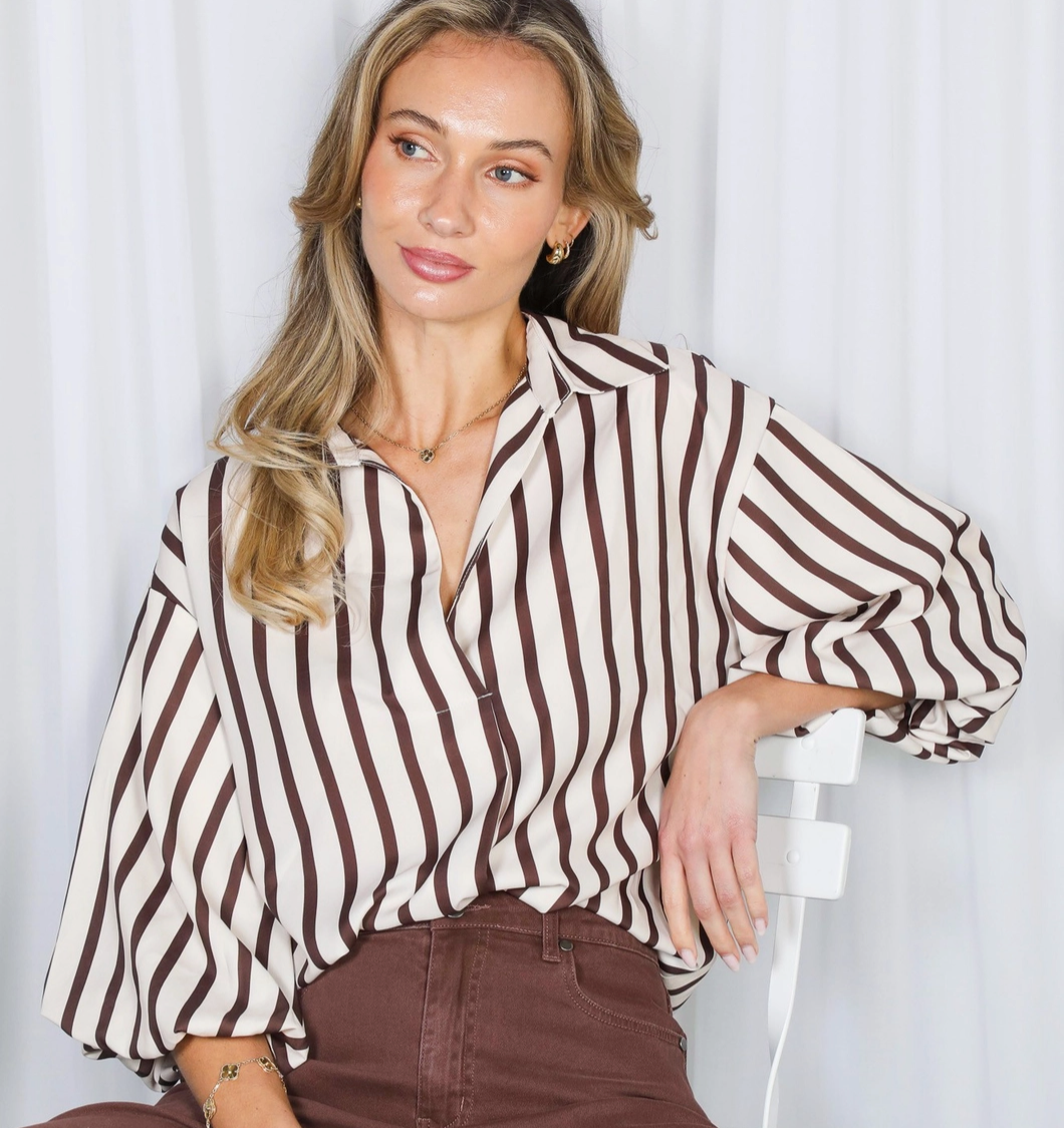 Bubble Sleeve Classic Striped Blouse Top