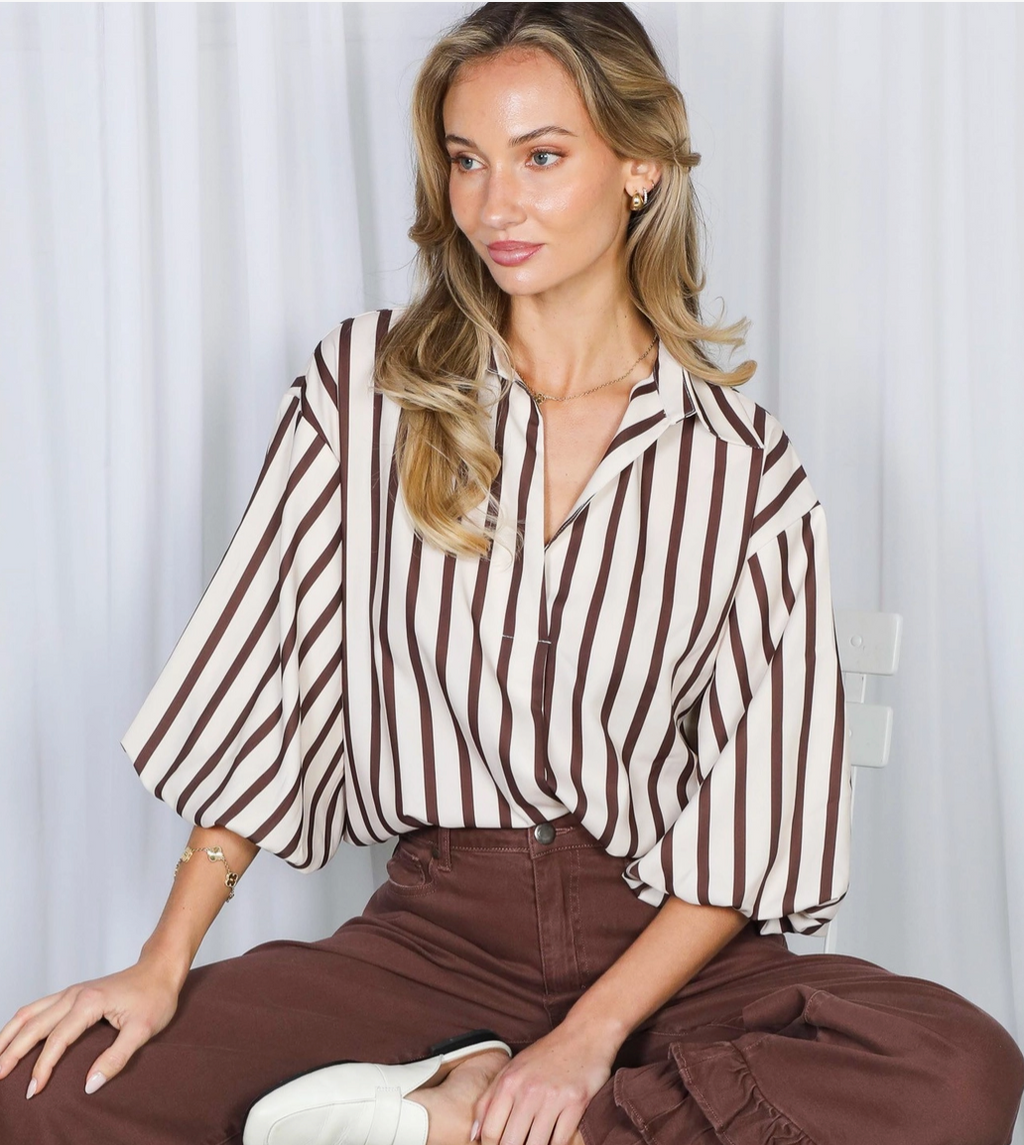 Bubble Sleeve Classic Striped Blouse Top