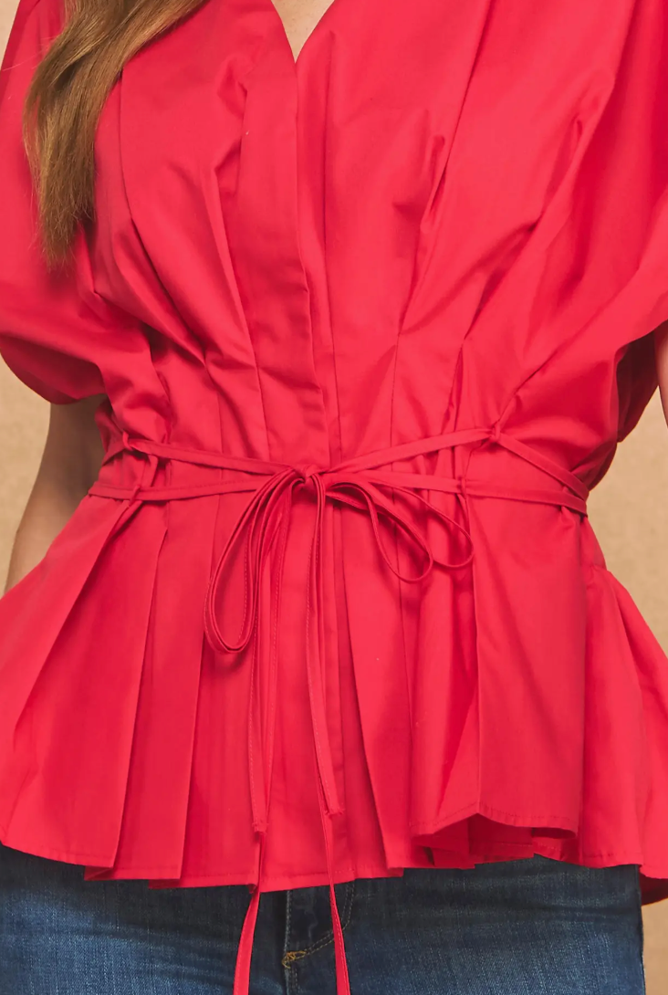 Pleated Tie Waist V-Neck Blouse