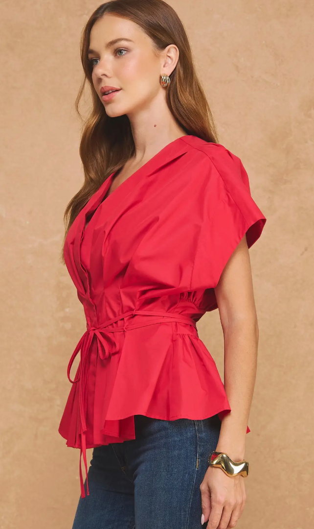 Pleated Tie Waist V-Neck Blouse
