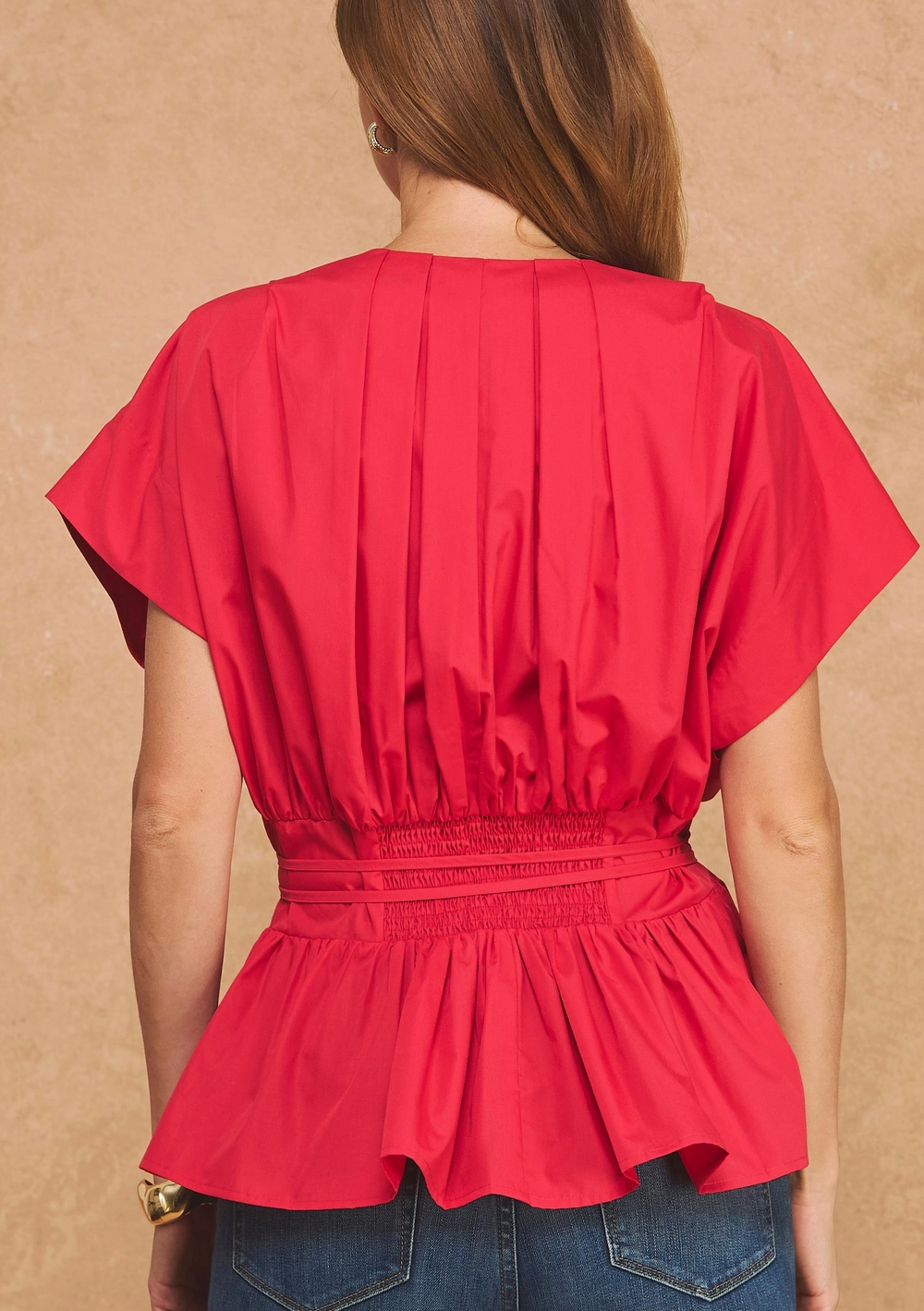 Pleated Tie Waist V-Neck Blouse