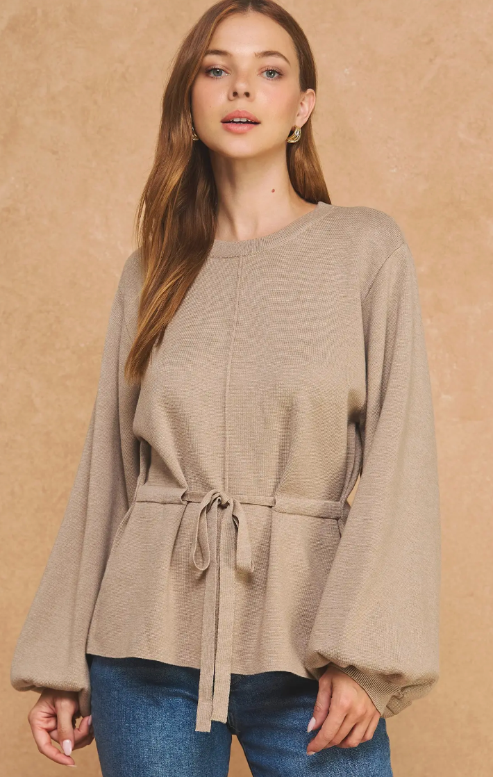 Textured Knit Tie-Waist Balloon Sleeve Top