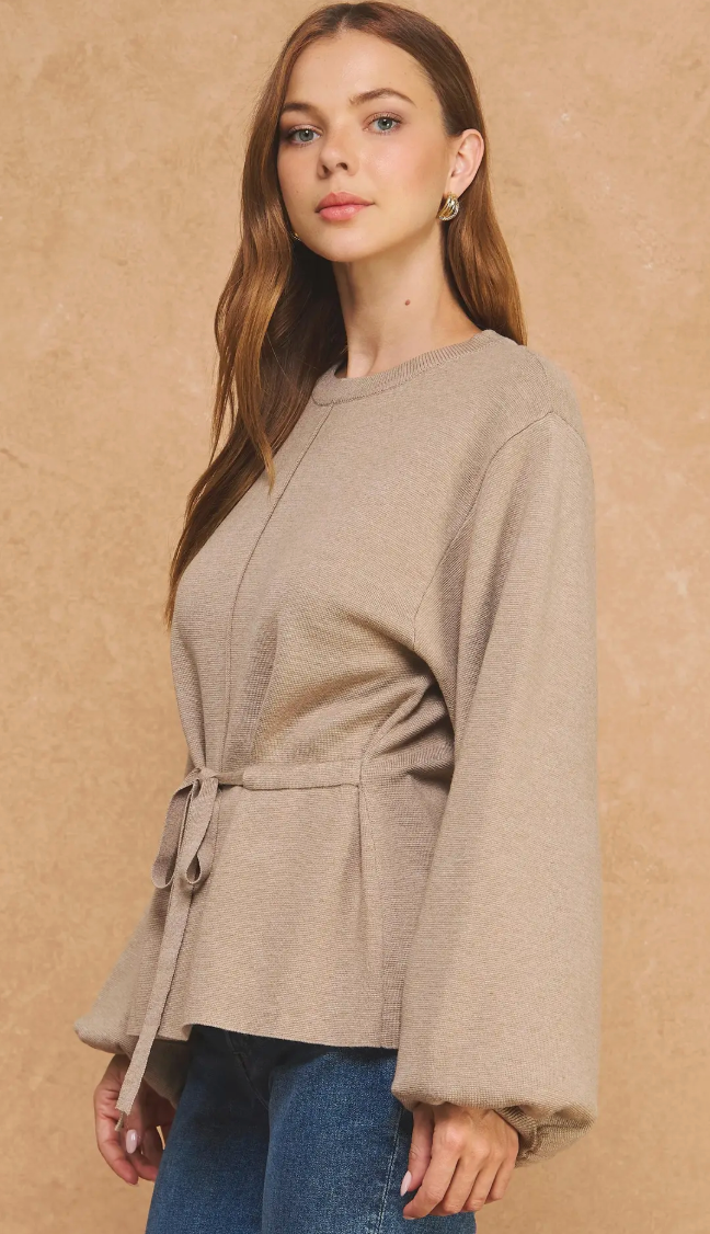 Textured Knit Tie-Waist Balloon Sleeve Top
