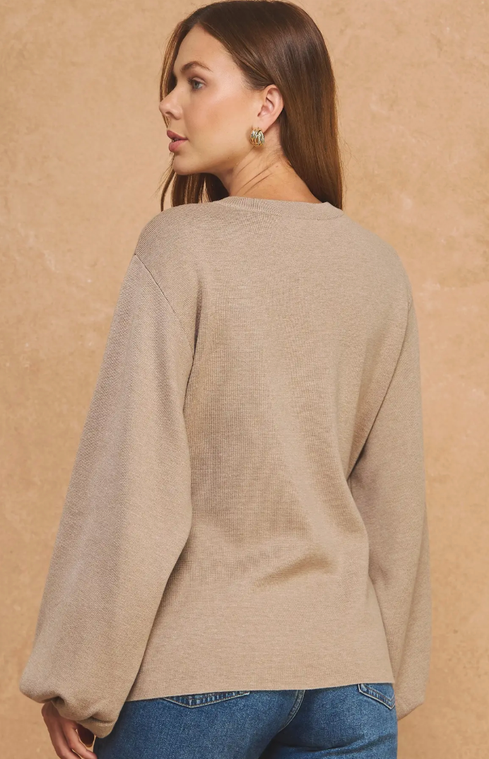 Textured Knit Tie-Waist Balloon Sleeve Top
