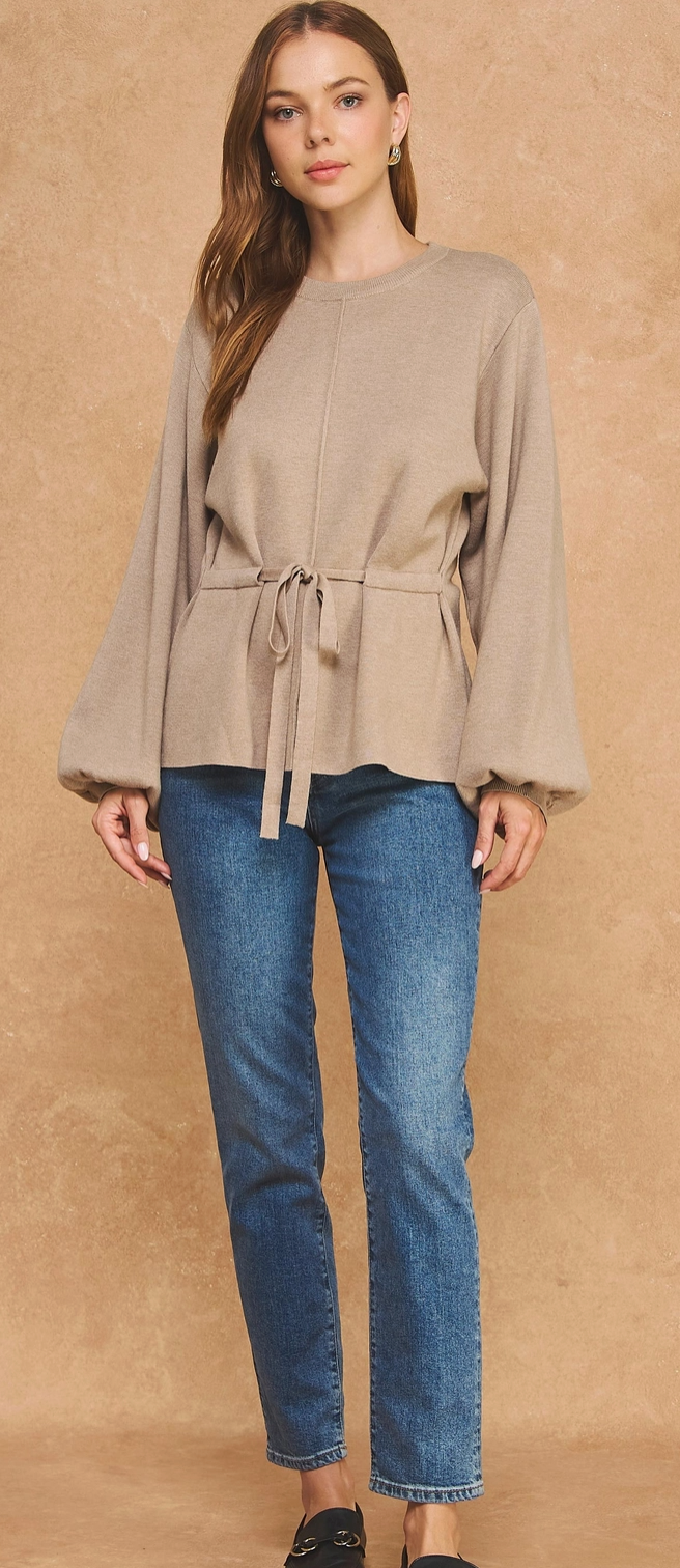 Textured Knit Tie-Waist Balloon Sleeve Top