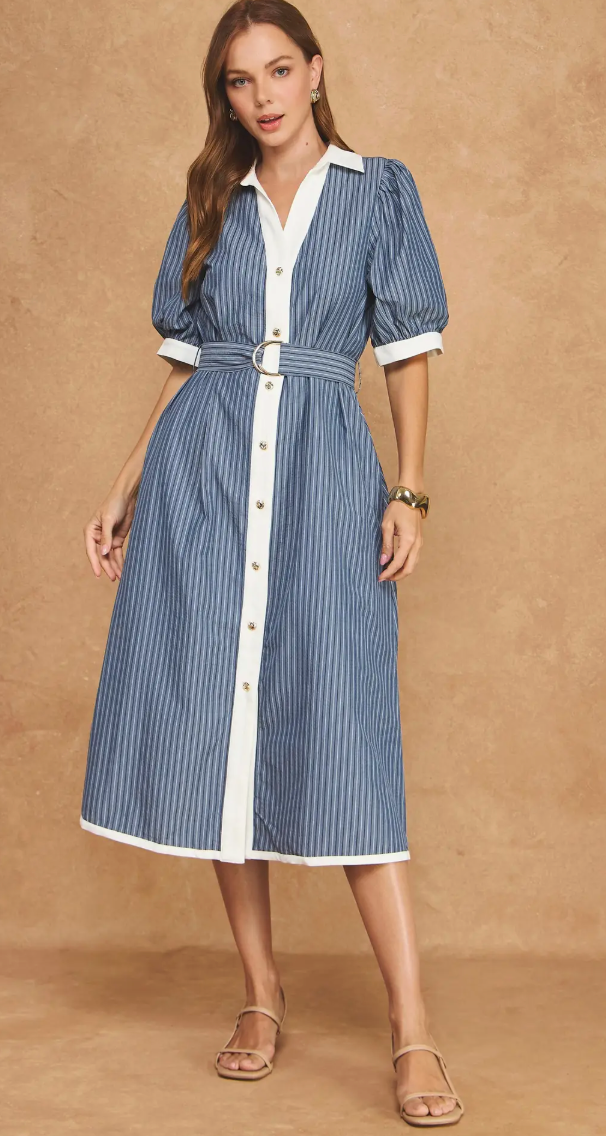 Contrast Belted Puff Sleeve Shirt Midi Dress