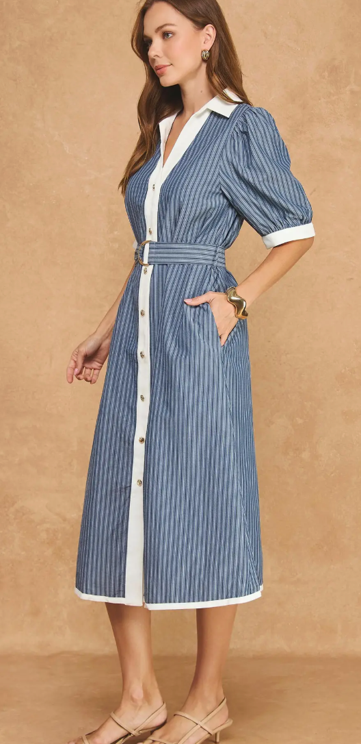 Contrast Belted Puff Sleeve Shirt Midi Dress