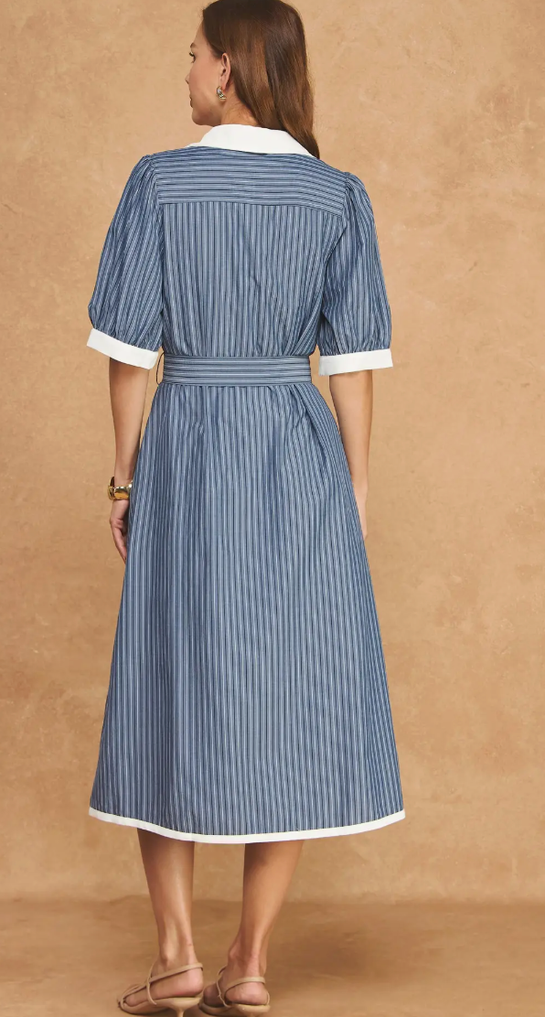 Contrast Belted Puff Sleeve Shirt Midi Dress