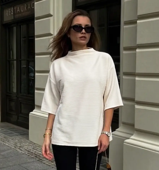 Mock Turtleneck Short Sleeve Top-Ivory