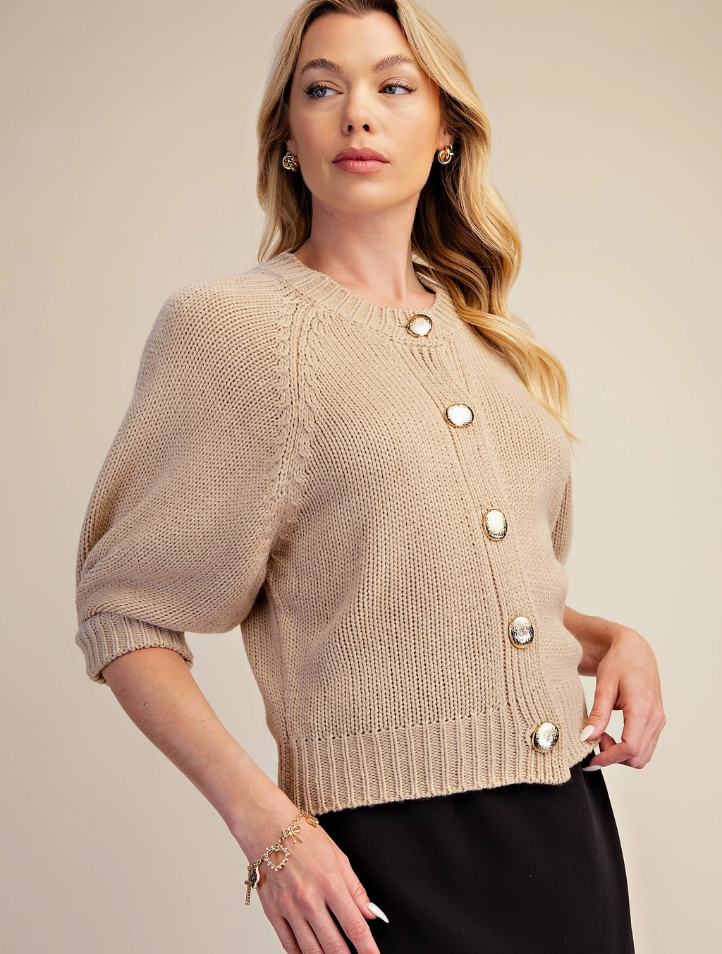 Puff Sleeve Sweater Cardigan-Beige