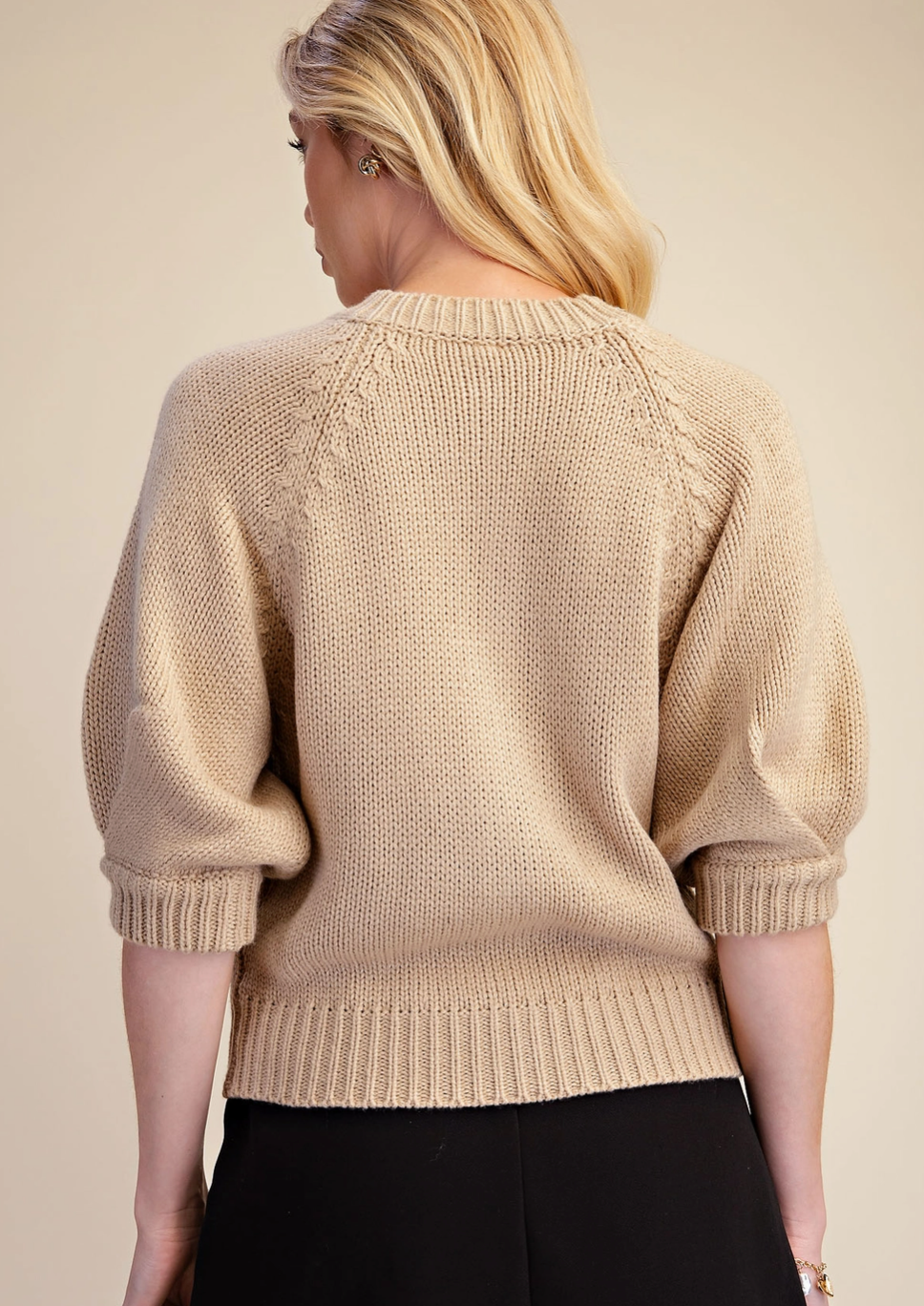 Puff Sleeve Sweater Cardigan-Beige