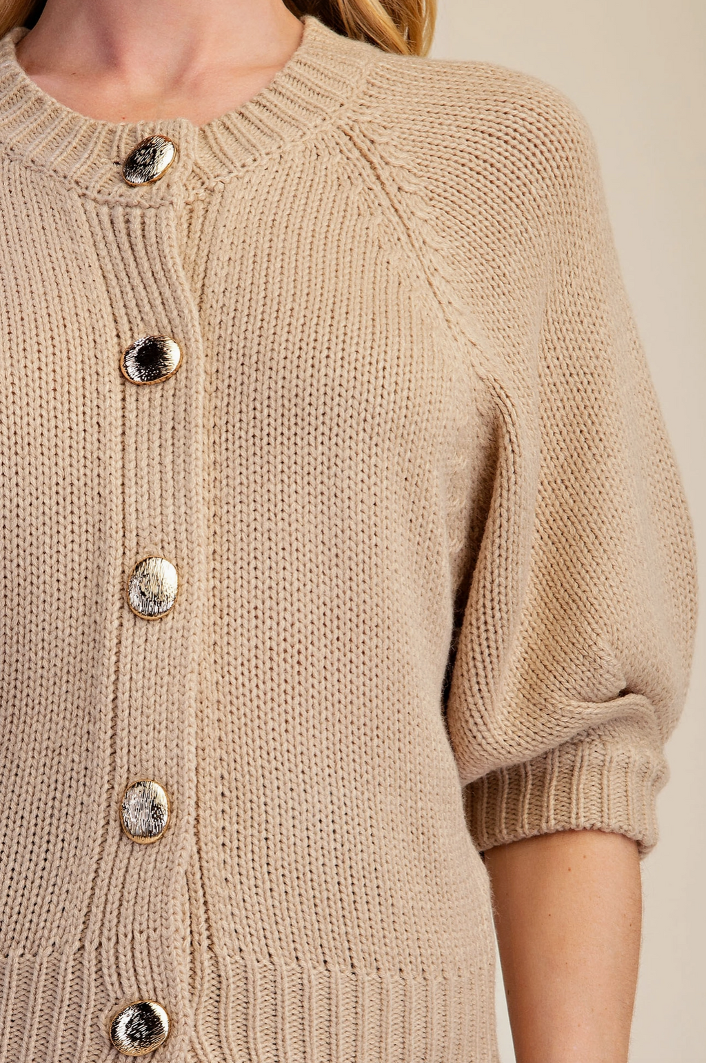 Puff Sleeve Sweater Cardigan-Beige