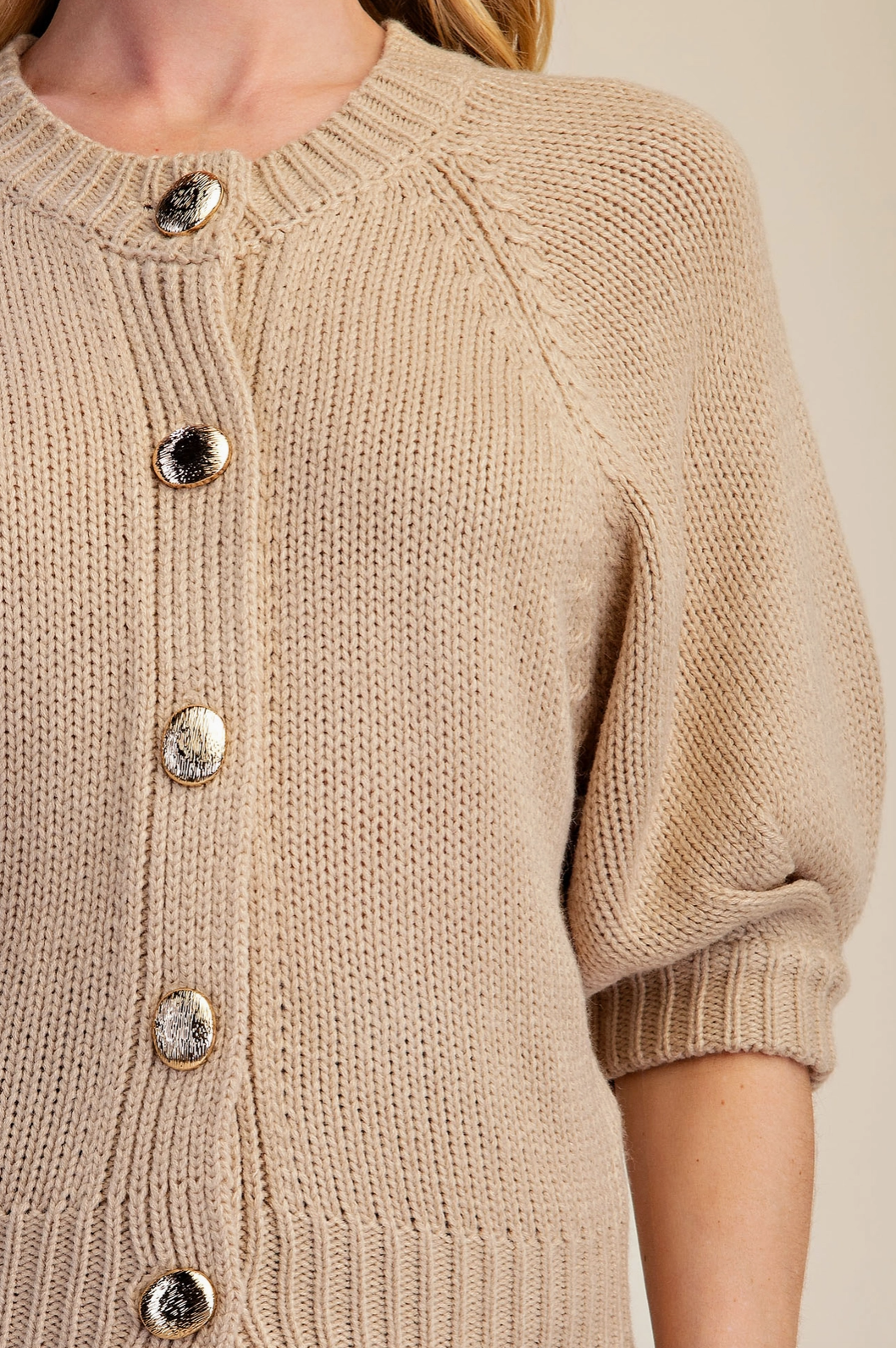 Puff Sleeve Sweater Cardigan-Beige