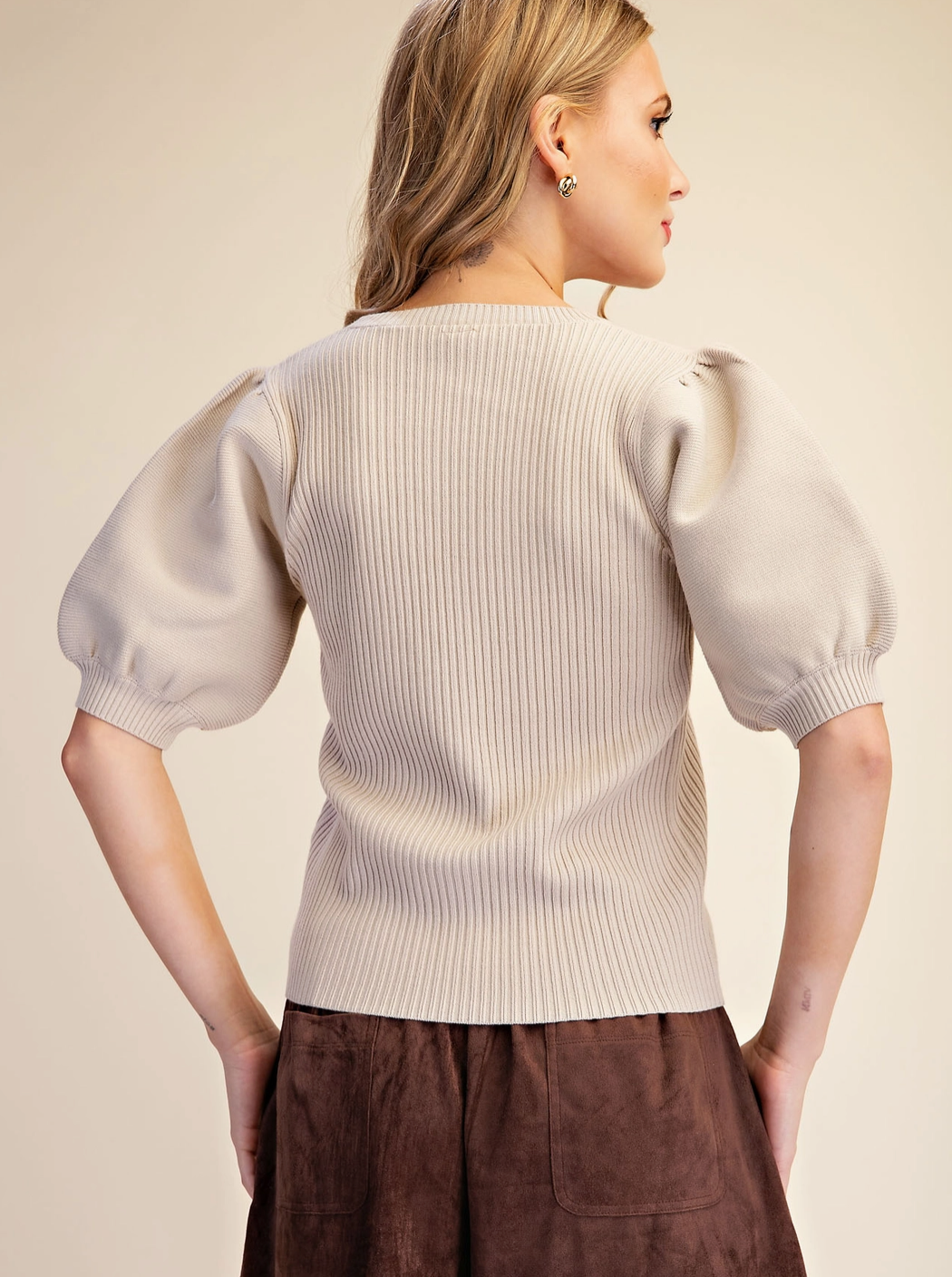 Puff Sleeve V-Neck Cardigan Sweater-Beige