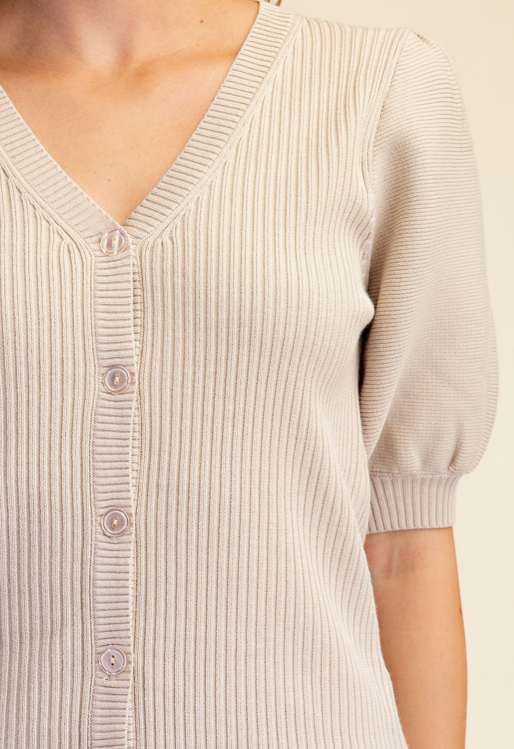 Puff Sleeve V-Neck Cardigan Sweater-Beige