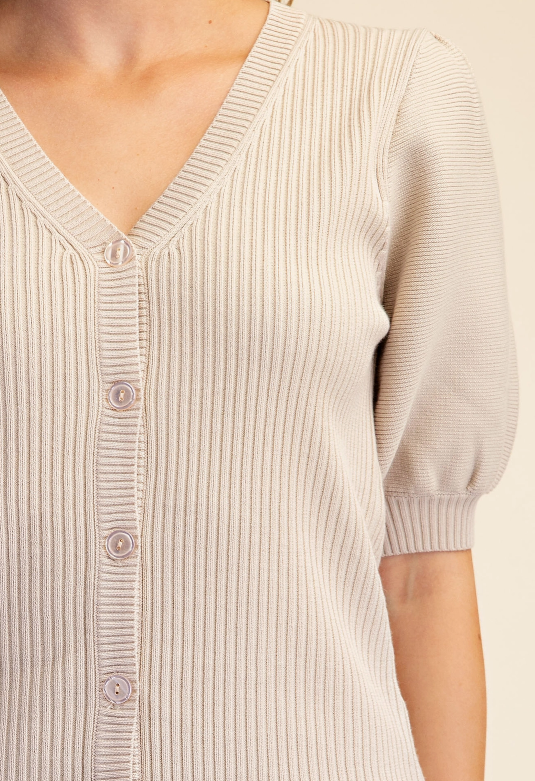 Puff Sleeve V-Neck Cardigan Sweater-Beige