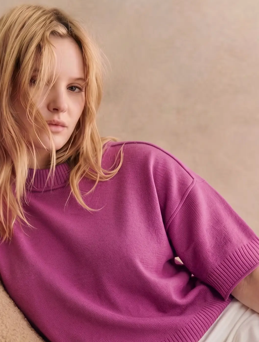 Relaxed Sweater Crew-Neck Elbow-Length Sleeves-Magenta