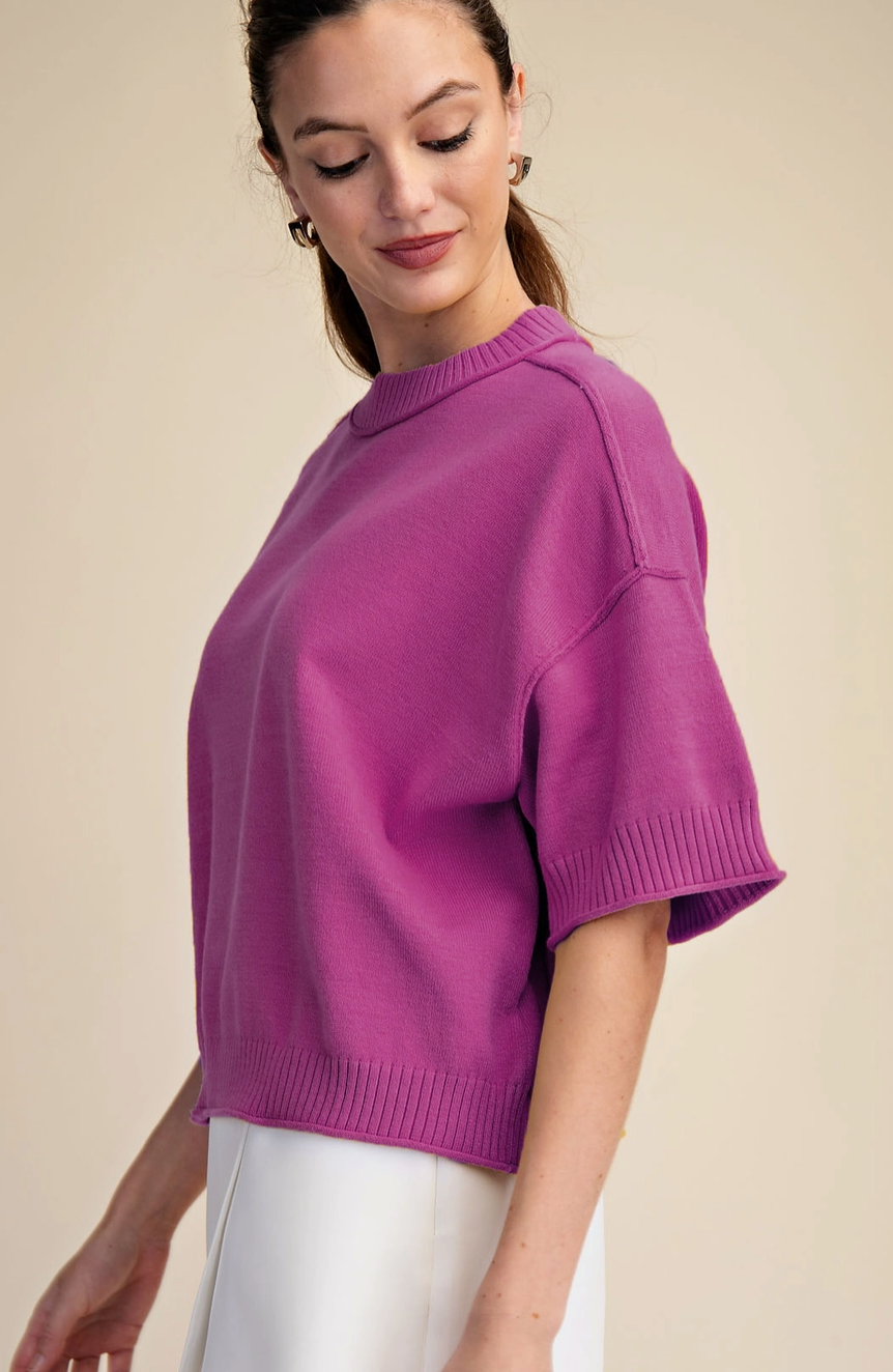 Relaxed Sweater Crew-Neck Elbow-Length Sleeves-Magenta