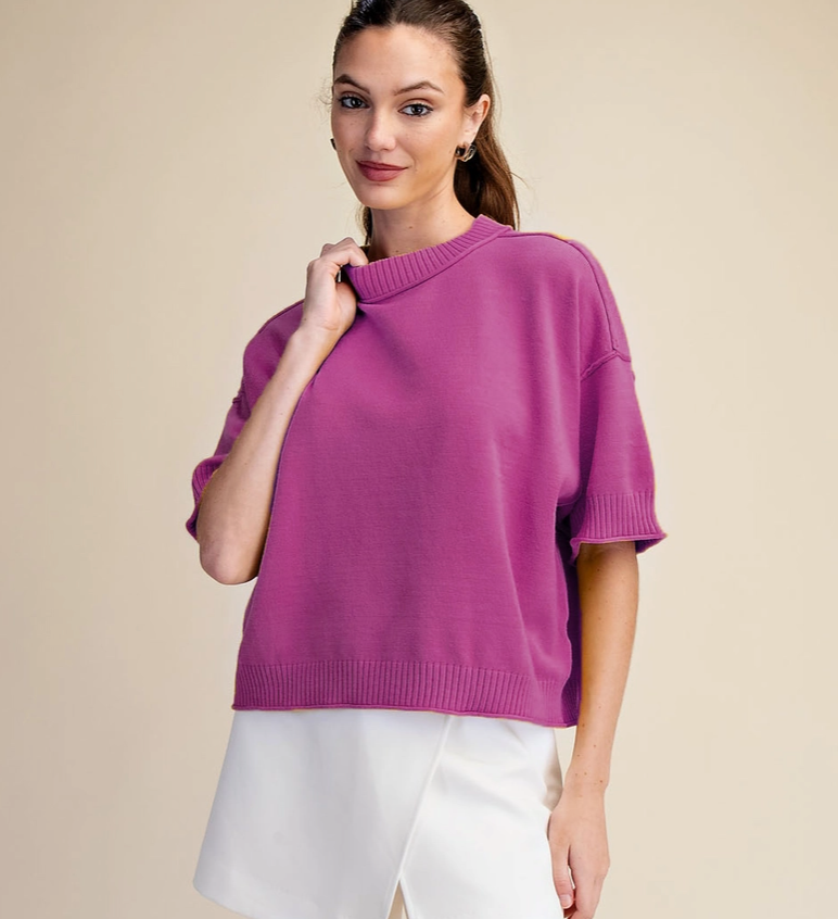 Relaxed Sweater Crew-Neck Elbow-Length Sleeves-Magenta