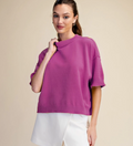 Relaxed Sweater Crew-Neck Elbow-Length Sleeves-Magenta