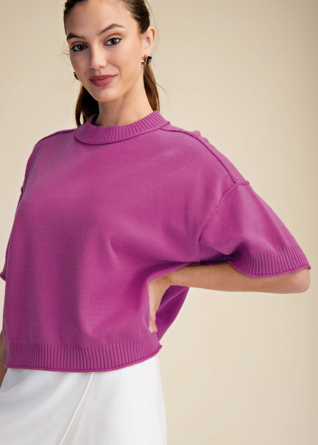 Relaxed Sweater Crew-Neck Elbow-Length Sleeves-Magenta