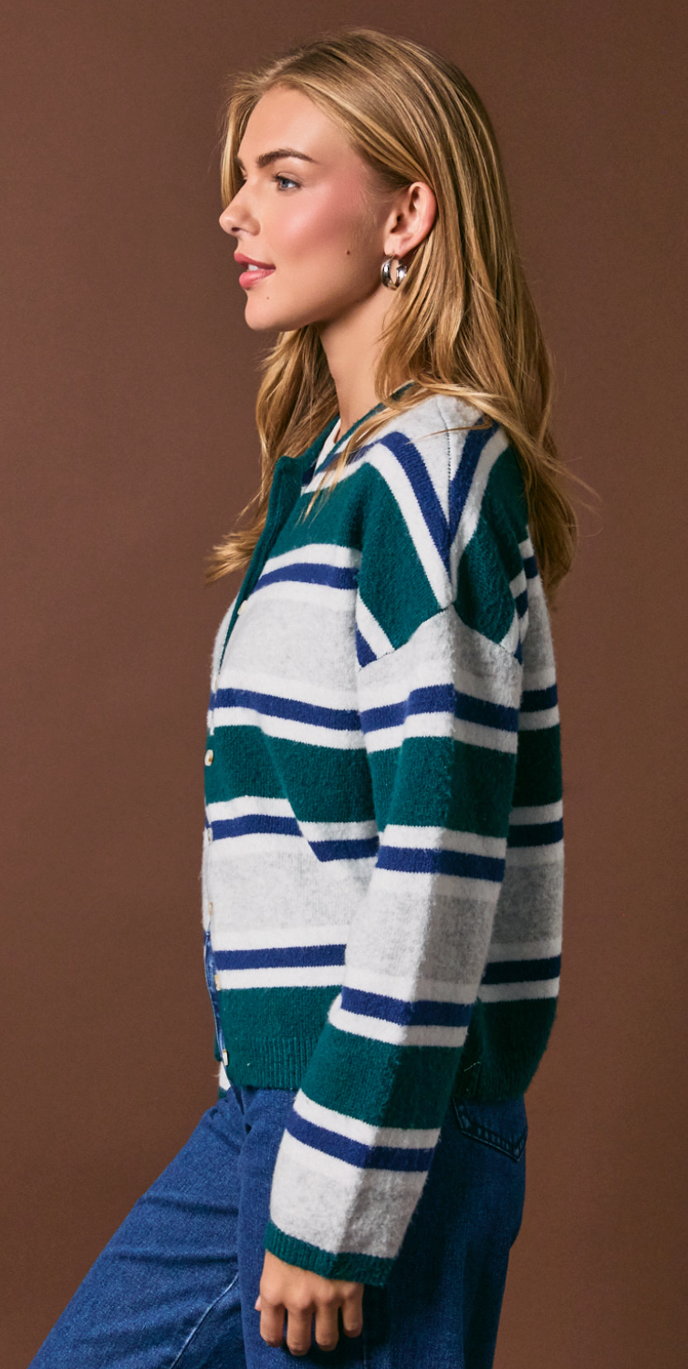 Striped Soft Knit Crew Neck Button Cardigan
