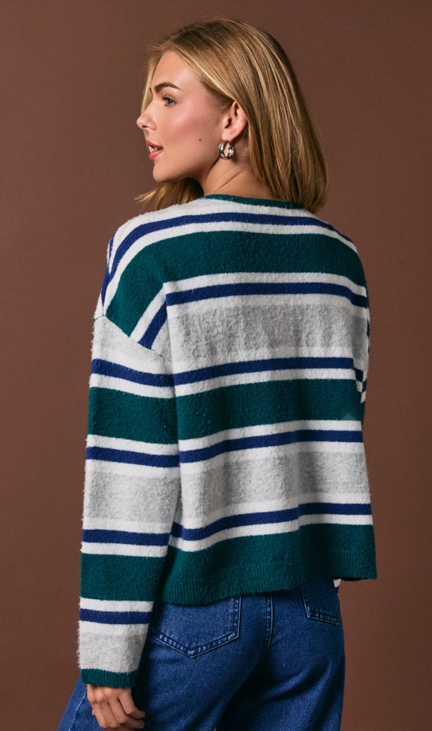 Striped Soft Knit Crew Neck Button Cardigan